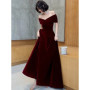Lautaro Spring Long Luxury Elegant Wine Red Soft Velvet Evening Party Wedding Dresses for Women 2022 Off Shoulder Maxi Dress