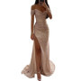 Evening Party Prom Dress Elegant V-Neck Off Shoulder Dress Sequin Pleated Short Sleeve Waist Tight Slim Sexy Split Long Dress