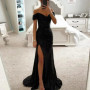 Evening Party Prom Dress Elegant V-Neck Off Shoulder Dress Sequin Pleated Short Sleeve Waist Tight Slim Sexy Split Long Dress