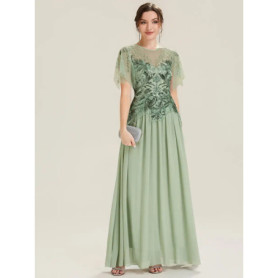 BAZIIINGAAA Party Dress A Short Sleeve Ruffle Sequin Round Neck A-Line Floor Length Evening Dresses