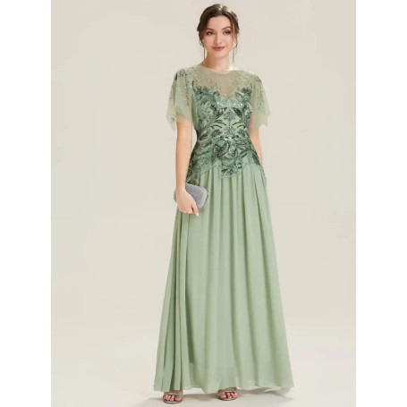 BAZIIINGAAA Party Dress A Short Sleeve Ruffle Sequin Round Neck A-Line Floor Length Evening Dresses