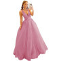 3D Lace Applique Glitter Tulle Prom Dresses Long Floral V Neck Ball Gowns A Line Backless Formal Evening Gowns
