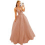 3D Lace Applique Glitter Tulle Prom Dresses Long Floral V Neck Ball Gowns A Line Backless Formal Evening Gowns