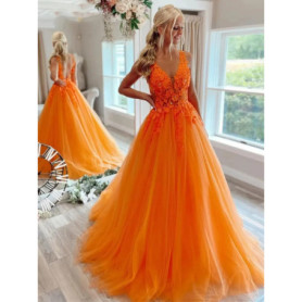 3D Lace Applique Glitter Tulle Prom Dresses Long Floral V Neck Ball Gowns A Line Backless Formal Evening Gowns
