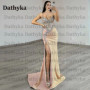 Dathyka Classic V Neck Prom Dress Spaghetti Strap Trumpet Sleeveless Backless High Side Slit Satin Brush Train Customized