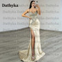 Dathyka Classic V Neck Prom Dress Spaghetti Strap Trumpet Sleeveless Backless High Side Slit Satin Brush Train Customized