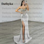 Dathyka Classic V Neck Prom Dress Spaghetti Strap Trumpet Sleeveless Backless High Side Slit Satin Brush Train Customized