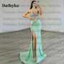 Dathyka Classic V Neck Prom Dress Spaghetti Strap Trumpet Sleeveless Backless High Side Slit Satin Brush Train Customized