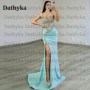 Dathyka Classic V Neck Prom Dress Spaghetti Strap Trumpet Sleeveless Backless High Side Slit Satin Brush Train Customized