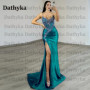 Dathyka Classic V Neck Prom Dress Spaghetti Strap Trumpet Sleeveless Backless High Side Slit Satin Brush Train Customized