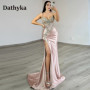 Dathyka Classic V Neck Prom Dress Spaghetti Strap Trumpet Sleeveless Backless High Side Slit Satin Brush Train Customized