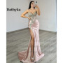 Dathyka Classic V Neck Prom Dress Spaghetti Strap Trumpet Sleeveless Backless High Side Slit Satin Brush Train Customized