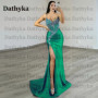Dathyka Classic V Neck Prom Dress Spaghetti Strap Trumpet Sleeveless Backless High Side Slit Satin Brush Train Customized