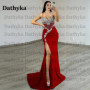 Dathyka Classic V Neck Prom Dress Spaghetti Strap Trumpet Sleeveless Backless High Side Slit Satin Brush Train Customized