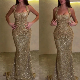 Gold Sequin Halter Neck Mermaid Maxi Dress Elegant Sleeveless Ruched Bodycon Long Formal Evening Gown Sparkly Prom Party Dress