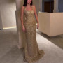 Gold Sequin Halter Neck Mermaid Maxi Dress Elegant Sleeveless Ruched Bodycon Long Formal Evening Gown Sparkly Prom Party Dress