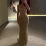 Gold Sequin Halter Neck Mermaid Maxi Dress Elegant Sleeveless Ruched Bodycon Long Formal Evening Gown Sparkly Prom Party Dress
