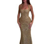 Gold Sequin Halter Neck Mermaid Maxi Dress Elegant Sleeveless Ruched Bodycon Long Formal Evening Gown Sparkly Prom Party Dress