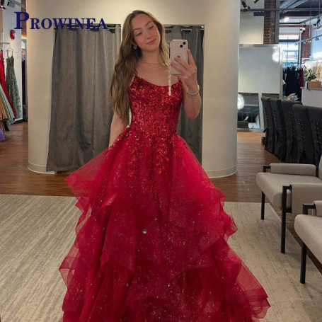 Prowinea Sparkly Spaghetti Straps Prom Dress A-line Lace Appliques Pleat Tulle Frilled Pageant Party Robes De Soiree Customized