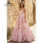 Pink and White 3D Floral Jacquard Satin Strapless Prom Dress Lace-up Back Tiered Ball Gown Evening Dress Customized