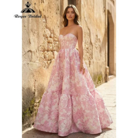 Pink and White 3D Floral Jacquard Satin Strapless Prom Dress Lace-up Back Tiered Ball Gown Evening Dress Customized