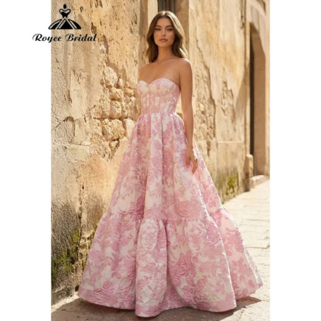 Pink and White 3D Floral Jacquard Satin Strapless Prom Dress Lace-up Back Tiered Ball Gown Evening Dress Customized