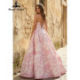 Pink and White 3D Floral Jacquard Satin Strapless Prom Dress Lace-up Back Tiered Ball Gown Evening Dress Customized