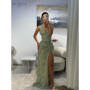 Hot Sale Sage Green Halter Prom Dresses Floral Lace Sequins Appliques Sexy V-Neck Evening Dress High Split Long Dubai Vestidos