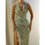 Hot Sale Sage Green Halter Prom Dresses Floral Lace Sequins Appliques Sexy V-Neck Evening Dress High Split Long Dubai Vestidos
