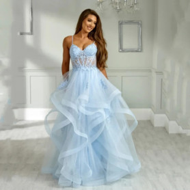 Sky Blue Wedding Dress Glitter Embroidery Prom Dresses Fluffy Tulle Multi-layer Elegant Lady Vestidos De Fiesta Customized Color