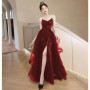 New wine sequined lady girl women princess banquet ball prom dress performance gown free ship