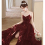 New wine sequined lady girl women princess banquet ball prom dress performance gown free ship