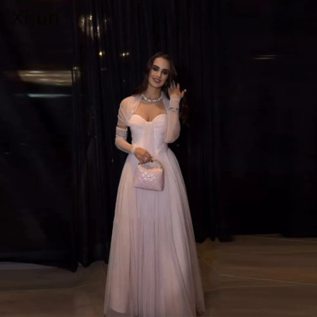 Xijun Elegant Pink Chiffon Evening Dresses Sweetheart Pleated A-Line Long Sleeves Prom Dresses Saudi Arabia Prom Gowns Customize
