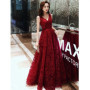 Wine long sweat v neck sleeveless lady girl women princess party performance banquet party ball prom dress gown