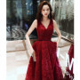 Wine long sweat v neck sleeveless lady girl women princess party performance banquet party ball prom dress gown