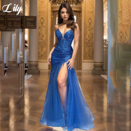Lily Blue Elegant Prom Dress Sweetheart Backless Party Dresses Shiny Sequins Side High Split Prom Gown robes du soir Customized
