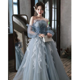New greydish blue long lady girl women princess prom evening performance banquet party ball dress gown