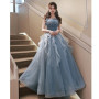 New greydish blue long lady girl women princess prom evening performance banquet party ball dress gown