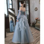 New greydish blue long lady girl women princess prom evening performance banquet party ball dress gown