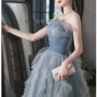 New greydish blue long lady girl women princess prom evening performance banquet party ball dress gown