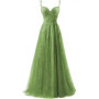 Shoulder Tulle Lace Applique Prom Dresses For Women Long Spaghetti Straps Formal Evening Party Gown Ball Gown with Slit A-Line