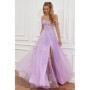 Shoulder Tulle Lace Applique Prom Dresses For Women Long Spaghetti Straps Formal Evening Party Gown Ball Gown with Slit A-Line