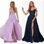 Shoulder Tulle Lace Applique Prom Dresses For Women Long Spaghetti Straps Formal Evening Party Gown Ball Gown with Slit A-Line