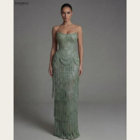 SWEMILE Luxury Full Beaded Prom Dress Haute Couture Strapless Zipper Back Tassel Straight Evening Dress Saudi Wedding Party Gown