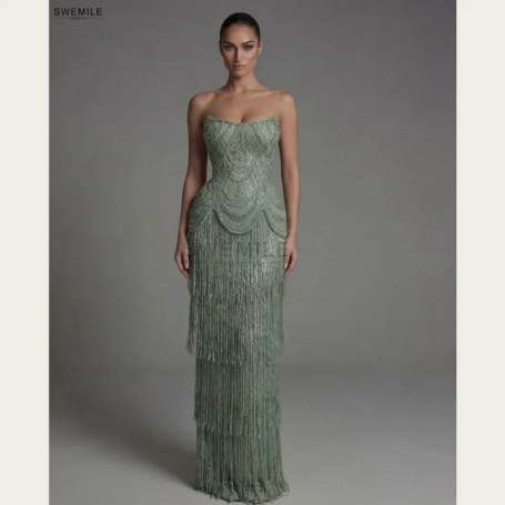 SWEMILE Luxury Full Beaded Prom Dress Haute Couture Strapless Zipper Back Tassel Straight Evening Dress Saudi Wedding Party Gown