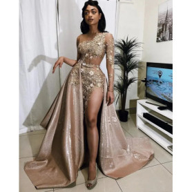 Sexy See Through Prom Dresses Luxury Beads Lace Appliques Illusion Long Sleeve Formal Occasion Dress Graduation Party Customized