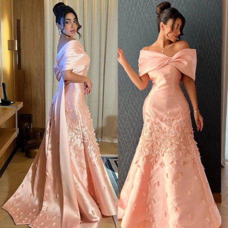 Customized Exquisite Off Shoulder Prom Gown A-line Satin V Neck Evening Party Dresses Sexy Backless Banquet Party Dress for Wome