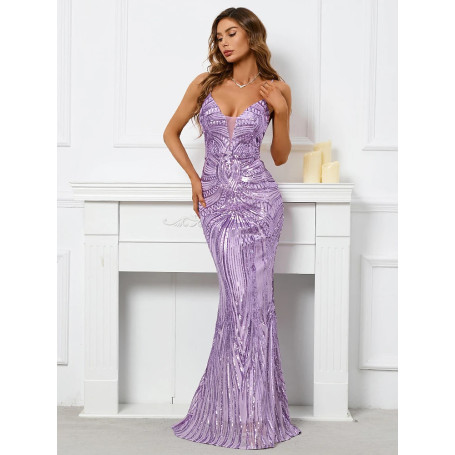 HBLL Women Strap Party Maxi Dress Sexy V Neck Evening Dress Celebrity Purple Sequin Dress Long Prom Formal Occasion Dress