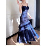 2025 Elegant Romantic Party Women's Spaghetti Strap Dress Female Blue Ruffles Slim Fit Mermaid Dresses Chic Banquet Formal Gown