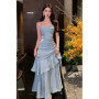 2025 Elegant Romantic Party Women's Spaghetti Strap Dress Female Blue Ruffles Slim Fit Mermaid Dresses Chic Banquet Formal Gown